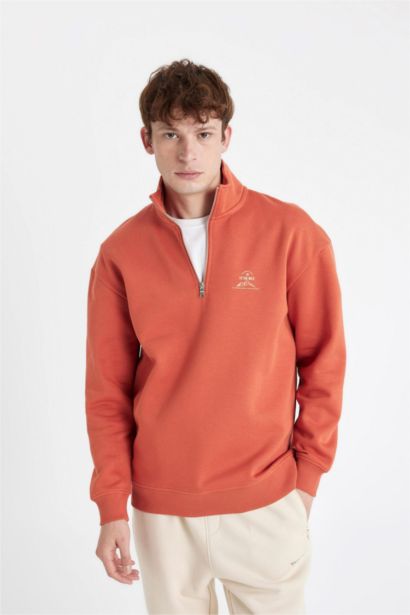 Comfort Regular Fit Rahat Kalıp Fermuarlı Dik Yaka Baskılı Sweatshirt