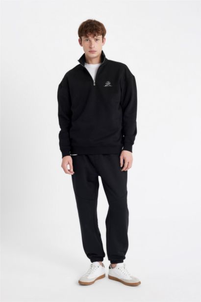 Comfort Regular Fit Rahat Kalıp Fermuarlı Dik Yaka Baskılı Sweatshirt
