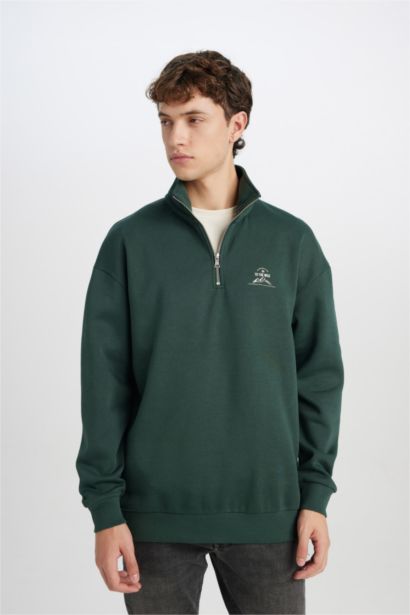 Comfort Regular Fit Rahat Kalıp Fermuarlı Dik Yaka Baskılı Sweatshirt
