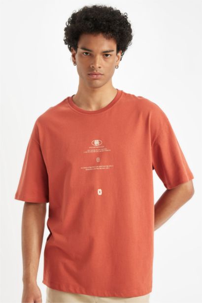 %100 Pamuk Comfort Regular Fit Rahat Kesim Bisiklet Yaka Baskılı Kısa Kollu Tişört