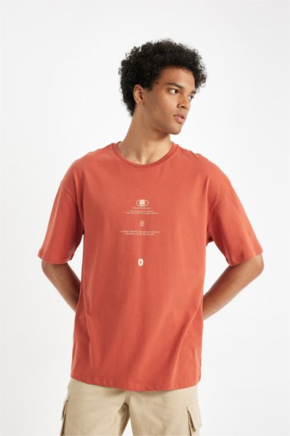 %100 Pamuk Comfort Regular Fit Rahat Kesim Bisiklet Yaka Baskılı Kısa Kollu Tişört