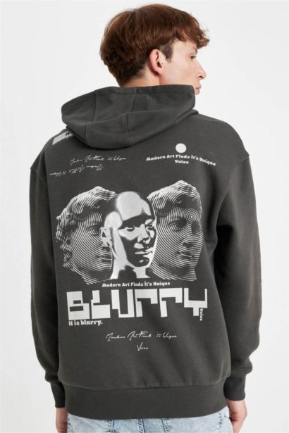 Boxy Fit Kapüşonlu Sırt Baskılı Sweatshirt