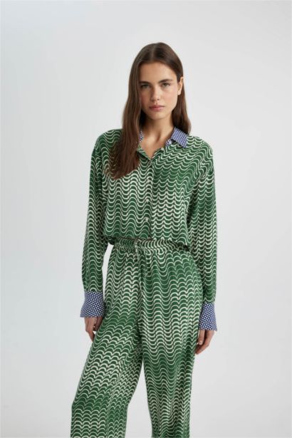 Patterned Long Sleeve Crop Shirt