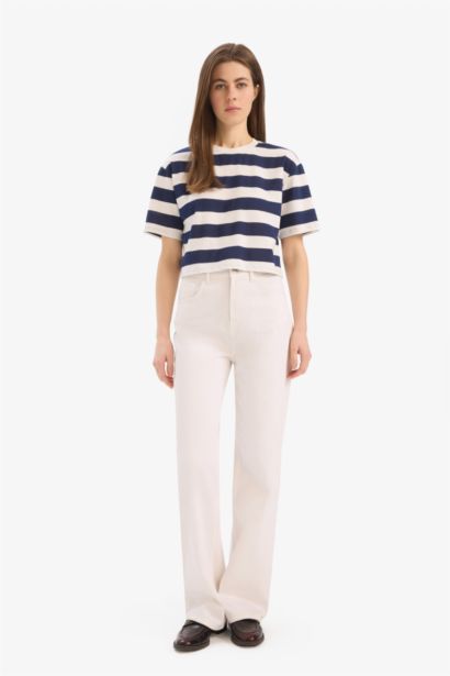 Boxy Fit Crew Neck Striped Cotton T-Shirt