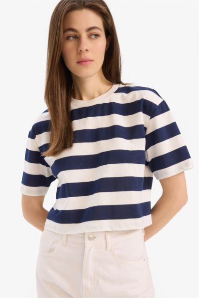 Boxy Fit Crew Neck Striped Cotton T-Shirt