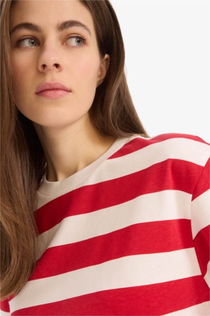 Boxy Fit Bisiklet Yaka Çizgili Penye Kısa Kollu Tişört