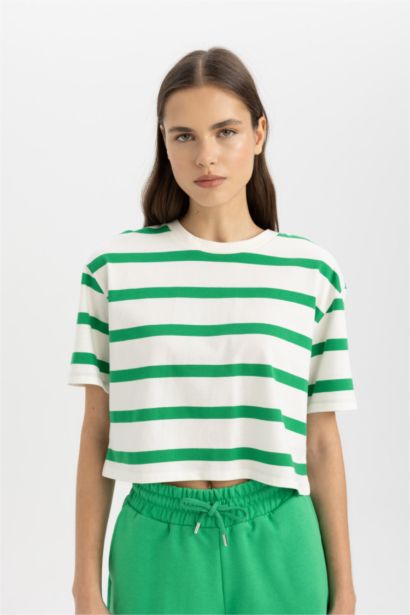 Boxy Fit Striped Crew Neck Basic T-Shirt