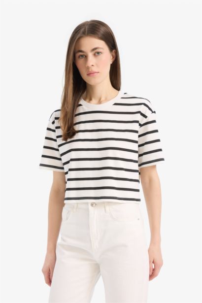 T-shirt boxy en jersey rayé à col rond