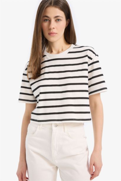 T-shirt boxy en jersey rayé à col rond