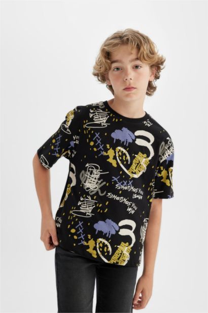 Boy Oversize Fit Crew Neck Patterned T-Shirt