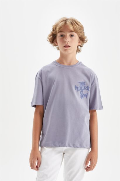 Oversize Geniş Kalıp Bisiklet Yaka Baskılı Kısa Kollu Tişört Erkek Çocuk