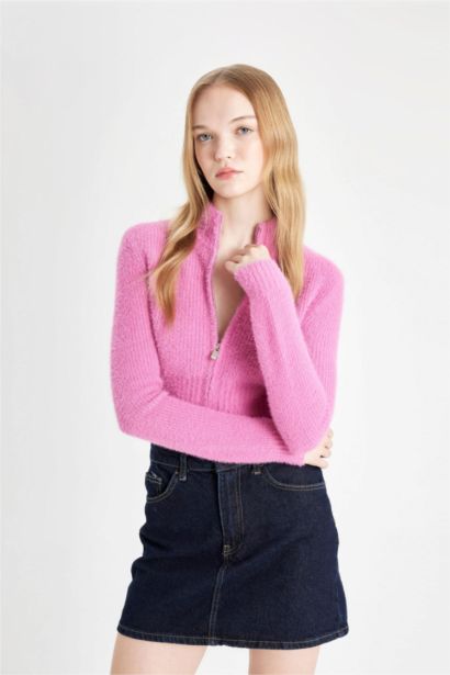 Basic Zippered Stand Collar Knitwear Crop Cardigan