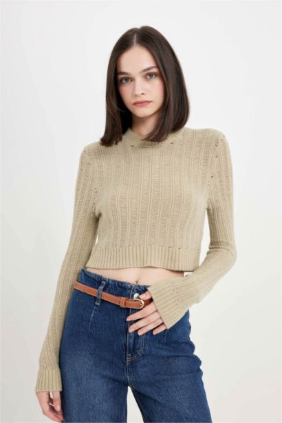 Regular Fit Crop Bisiklet Yaka Örgü Delikli Triko Kazak