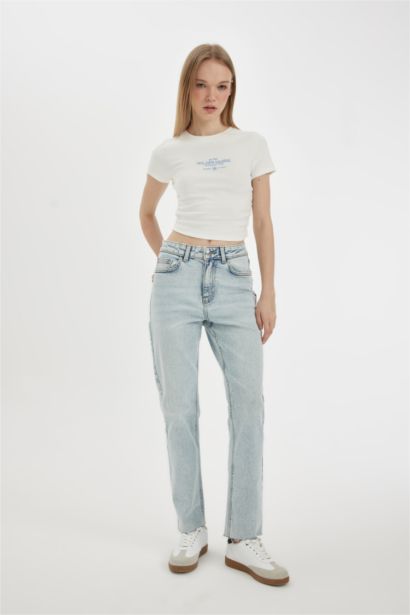 Jean taille haute Coupe droite à effet délavé