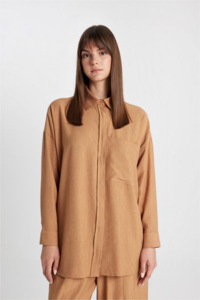 Relax Fit Crinkle Fabric Long Sleeve Shirt Tunic