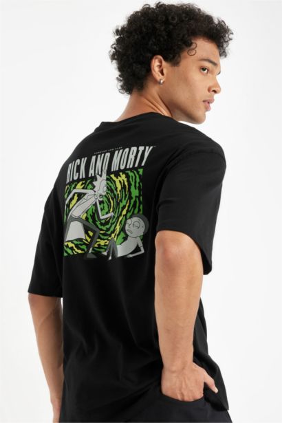 %100 Pamuk Rick and Morty Boxy Fit Bisiklet Yaka Sırt Baskılı Kısa Kollu Tişört