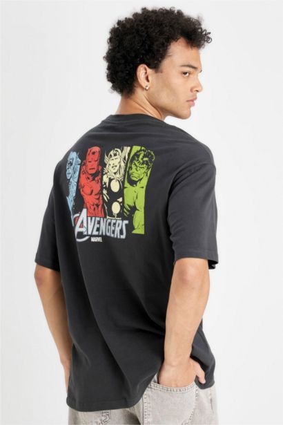 %100 Pamuk Marvel Avengers Boxy Fit Bisiklet Yaka Sırt Baskılı Kısa Kollu Tişört
