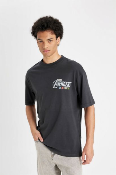 %100 Pamuk Marvel Avengers Boxy Fit Bisiklet Yaka Sırt Baskılı Kısa Kollu Tişört