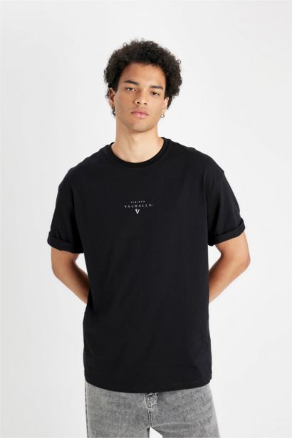 %100 Pamuk Vikings Valhalla Boxy Fit Bisiklet Yaka Sırt Baskılı Kısa Kollu Tişört