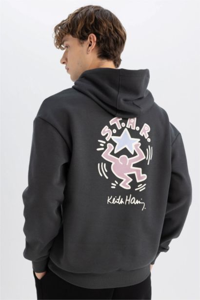 Keith Haring Boxy Fit Kapüşonlu Sırt Baskılı Sweatshirt