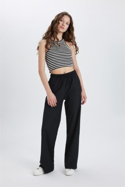 Pantolon Wide Leg Geniş Bol Paça Yüksek Bel Cepli Bağcıklı Basic Düz Standart Boy