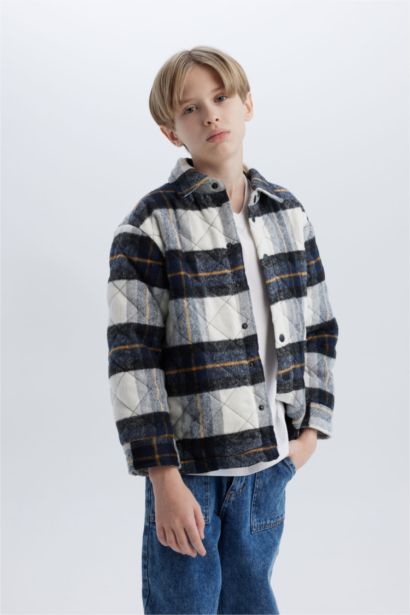 Boy Oversize Fit Polo Neck Flannel Snap Closure Shirt Jacket