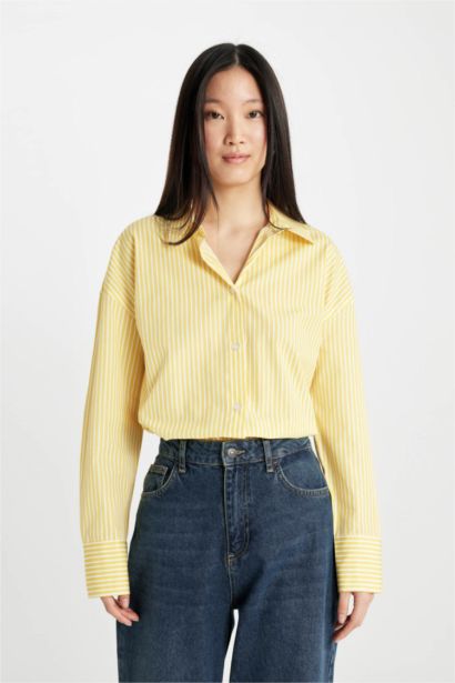 Oversize Geniş Kalıp Çizgili Poplin Uzun Kollu Gömlek