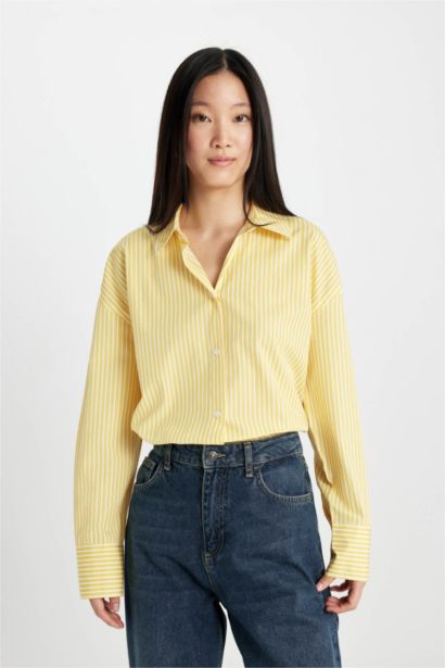 Oversize Geniş Kalıp Çizgili Poplin Uzun Kollu Gömlek