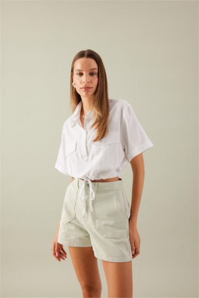 Shirt Collar Linen Blend Short Sleeve Crop Blouse