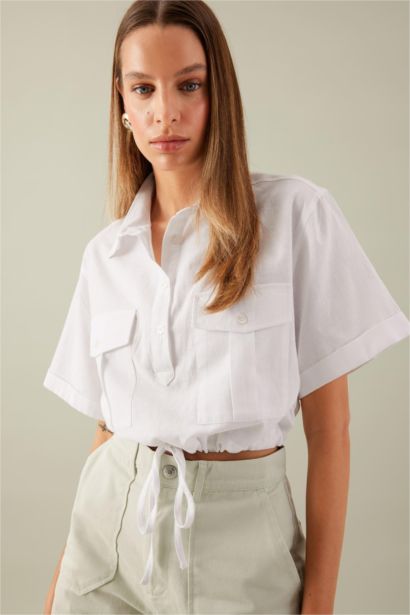 Shirt Collar Linen Blend Short Sleeve Crop Blouse