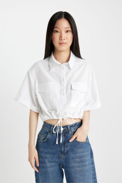 Shirt Collar Linen Blend Short Sleeve Crop Blouse