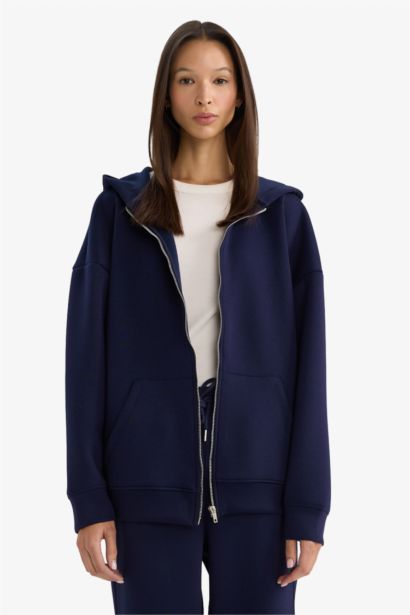 Oversize Geniş Kalıp Kapüşonlu Skuba Dalgıç Kumaş Fermuarlı Sweatshirt