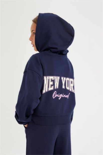 Girl Printed Navy Blue Zip-Up Hoodie