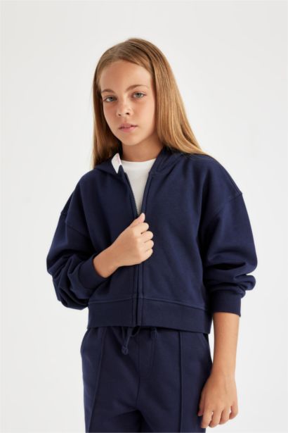 Girl Printed Navy Blue Zip-Up Hoodie