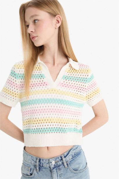 Polo Neck Colorful Crochet Knitwear T-Shirt