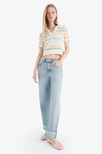 Polo Neck Colorful Crochet Knitwear T-Shirt