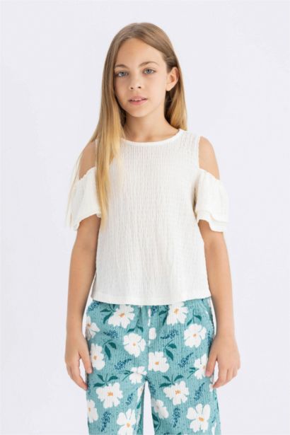 تيشيرت بناتي نص كم قصة عادية برقبة مستديرة