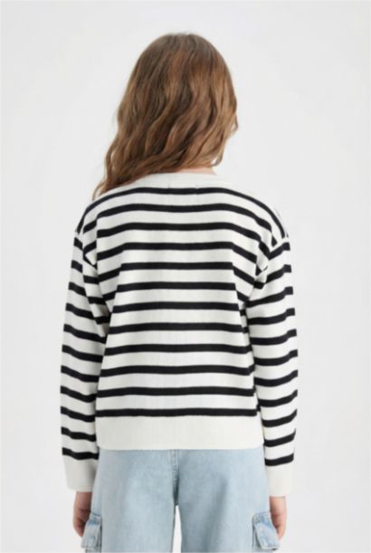 Standart Fit Bisiklet Yaka Çizgili Triko Kazak Kız Çocuk