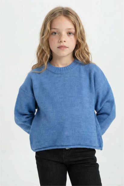 Pull tricot à col rond basique en bleu à coupe standard pour Fille