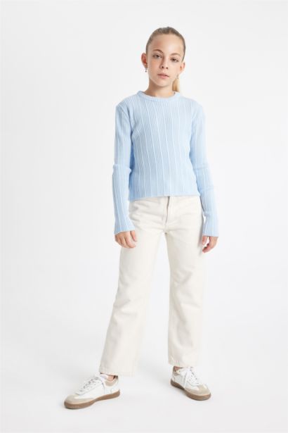 Pull tricot à col rond en bleu à coupe standard pour Fille