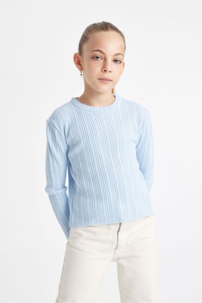 Pull tricot à col rond en bleu à coupe standard pour Fille