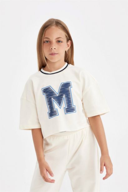 طقم بناتي سويت شيرت وتي شيرت قصة مريحة - قطعتين