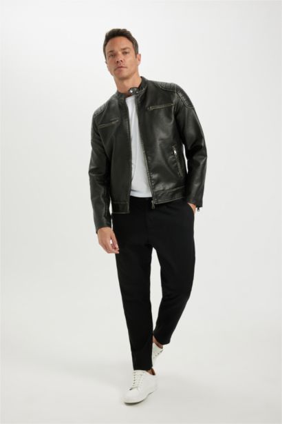 Siyah Slim Fit Dar Kesim Dik Yaka Fermuarlı Dört Cepli Astarlı Mevsimlik Hafif İnce Suni Deri Mont Ceket