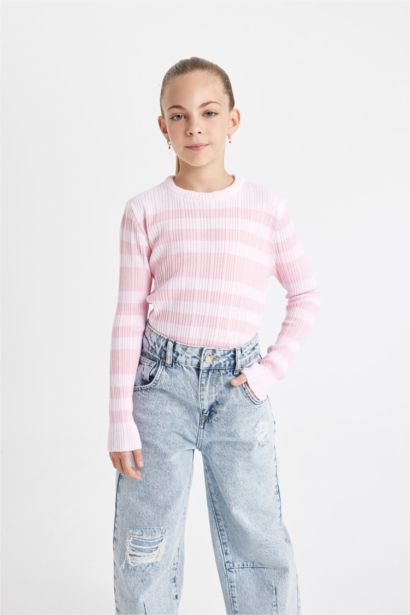 Pull tricot à rayures roses à coupe standard et col rond pour Fille