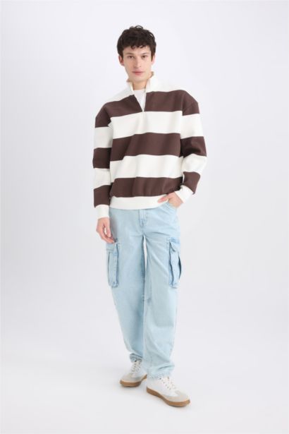 Boxy Fit Zippered Stand Collar Striped Sweatshirt