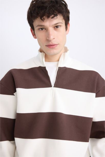 Boxy Fit Zippered Stand Collar Striped Sweatshirt