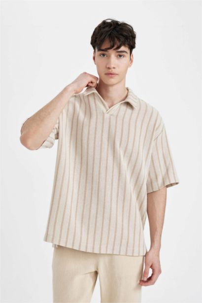 Oversize Geniş Kalıp Yazlık Polo Yaka Çizgili Kısa Kollu Gömlek