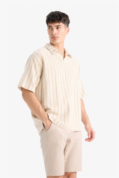 Oversize Fit Polo Neck Striped Shirt