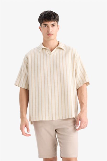Oversize Fit Polo Neck Striped Shirt