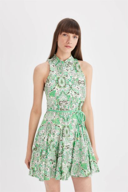 A Cut Shirt Collar Patterned Voile Sleeveless Mini Dress